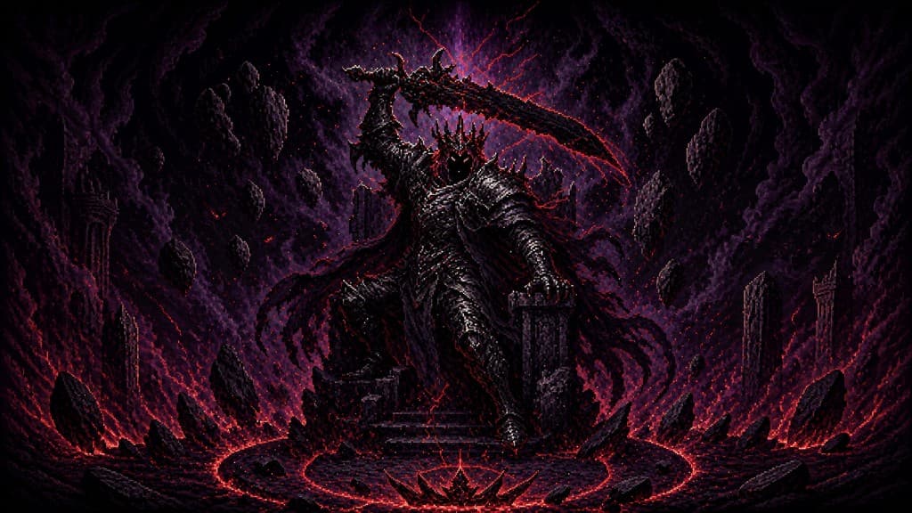 The Dark Blade — massive armored guild-tier boss with a glowing greatsword.