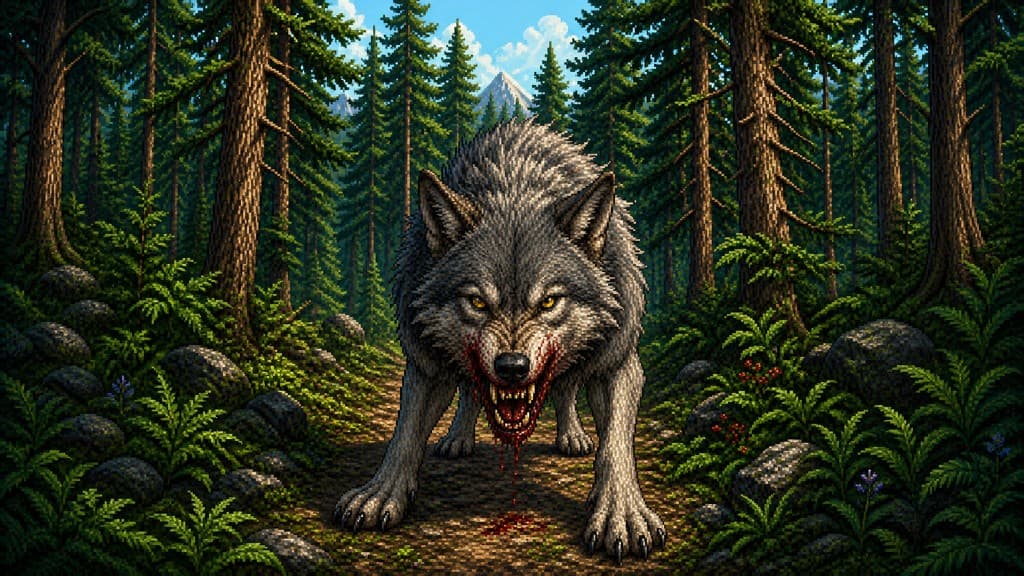 Young wolf in pine woods — a typical early-region wilderness mob.